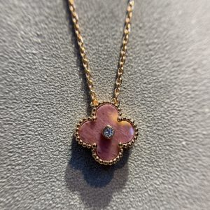 Vintage Alhambra Rhodonite Diamond Rose Gold Clover Necklace