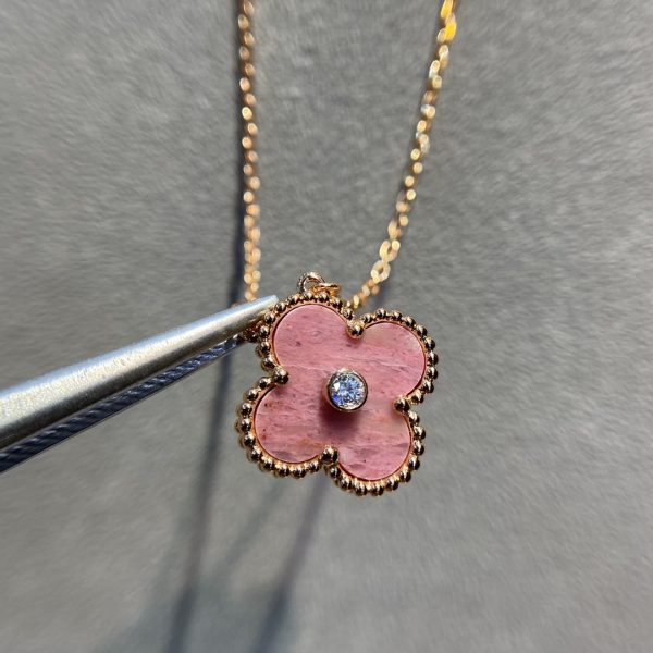 Luxury Inspired Jewelry Vintage Alhambra Rhodonite Diamond Rose Gold Necklace - Image 2