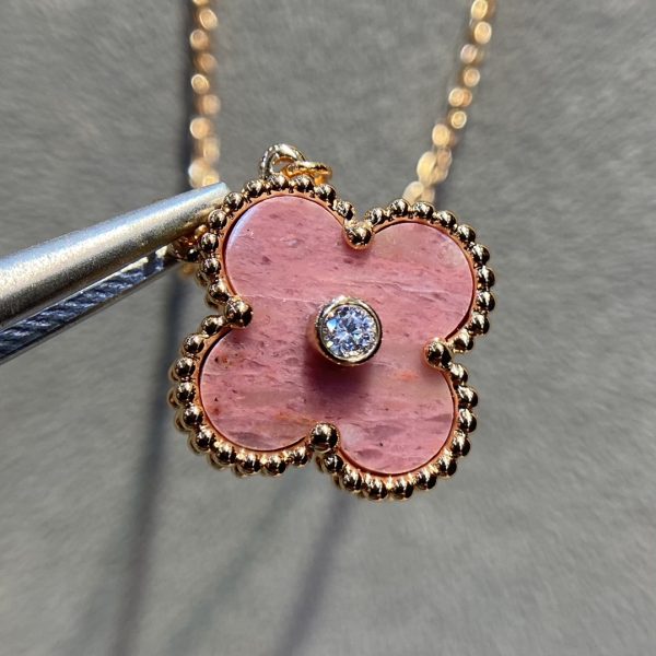 Luxury Inspired Jewelry Vintage Alhambra Rhodonite Diamond Rose Gold Necklace - Image 3