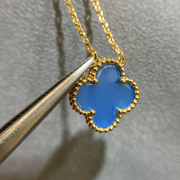 Luxury Inspired Jewelry Vintage Alhambra Blue Chalcedony Clover Necklace - Image 5