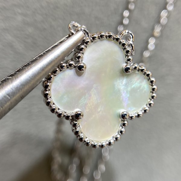 Luxury Inspired Jewelry Vintage Alhambra Mother-of-Pearl Clover Necklace (Silver Tone) - Image 5