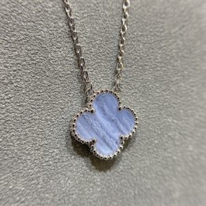 Van Cleef & Arpels Vintage Alhambra Blue Lace Agate Clover Necklace (Silver Tone)