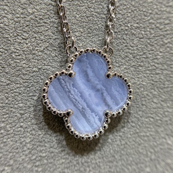 Luxury Inspired Jewelry Vintage Alhambra Blue Lace Agate Clover Necklace (Silver Tone) - Image 2