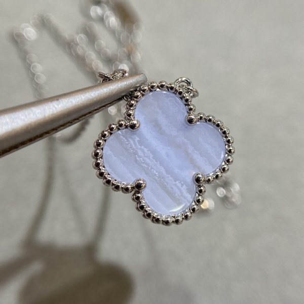 Luxury Inspired Jewelry Vintage Alhambra Blue Lace Agate Clover Necklace (Silver Tone) - Image 3