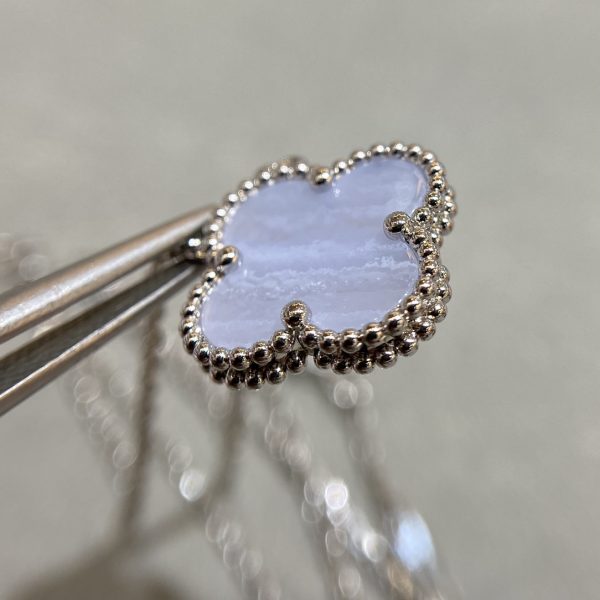 Luxury Inspired Jewelry Vintage Alhambra Blue Lace Agate Clover Necklace (Silver Tone) - Image 5