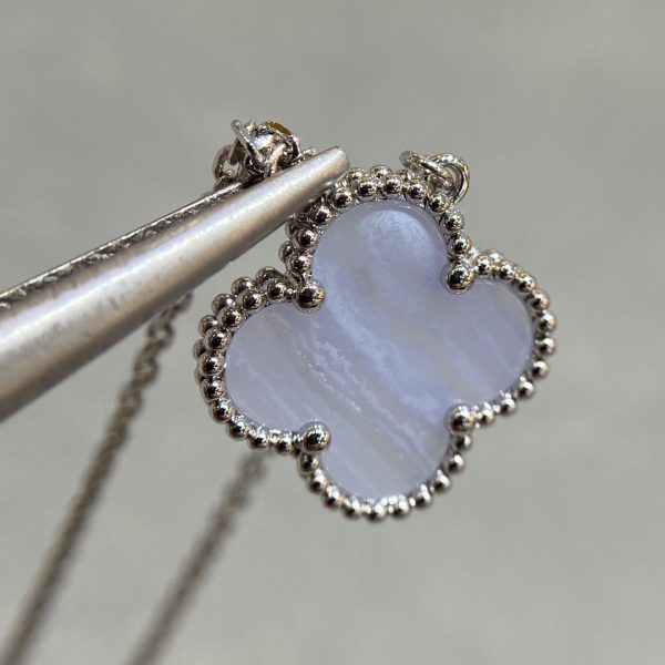 Luxury Inspired Jewelry Vintage Alhambra Blue Lace Agate Clover Necklace (Silver Tone) - Image 4