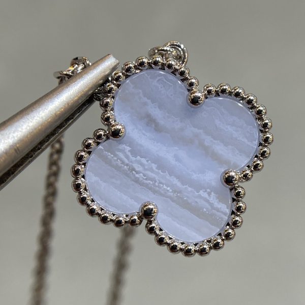 Luxury Inspired Jewelry Vintage Alhambra Blue Lace Agate Clover Necklace (Silver Tone) - Image 6