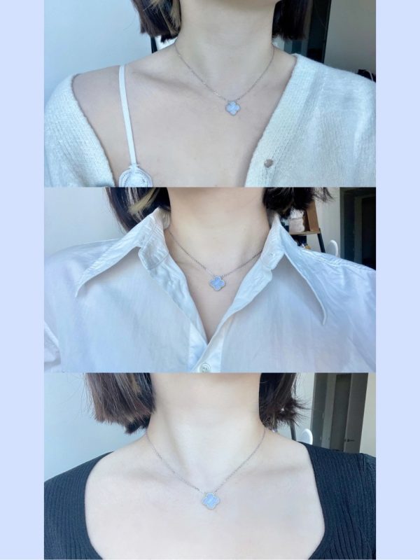 Luxury Inspired Jewelry Vintage Alhambra Blue Lace Agate Clover Necklace (Silver Tone) - Image 8