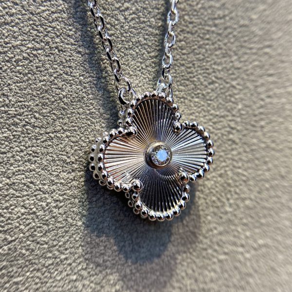 Luxury Inspired Jewelry Vintage Alhambra 2020 Limited Edition Guilloché Diamond Clover Necklace (White Gold Tone) - Image 2
