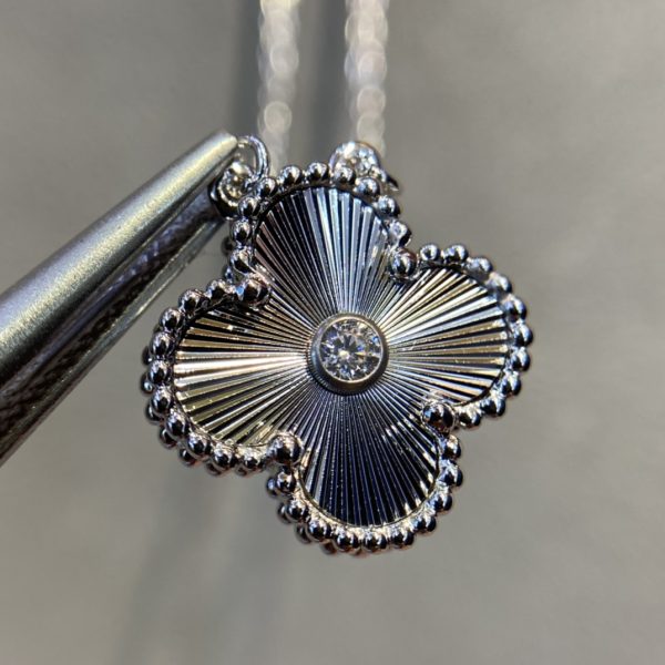 Luxury Inspired Jewelry Vintage Alhambra 2020 Limited Edition Guilloché Diamond Clover Necklace (White Gold Tone) - Image 3