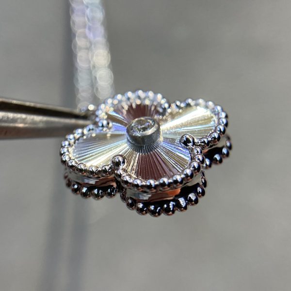 Luxury Inspired Jewelry Vintage Alhambra 2020 Limited Edition Guilloché Diamond Clover Necklace (White Gold Tone) - Image 4