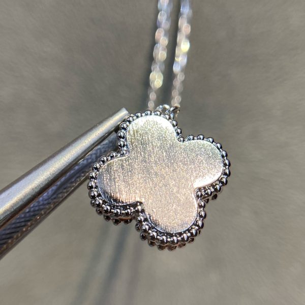 Luxury Inspired Jewelry Vintage Alhambra 2020 Limited Edition Guilloché Diamond Clover Necklace (White Gold Tone) - Image 5