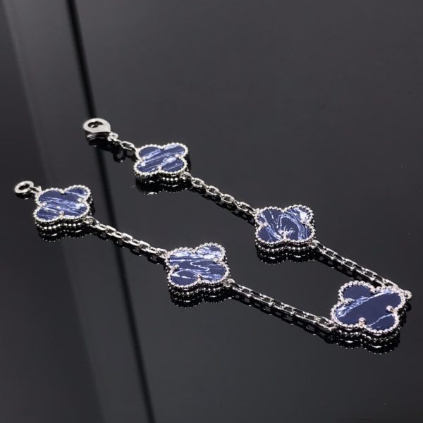 Luxury Inspired Jewelry Vintage Alhambra 5 Motifs Sodalite Bracelet (Silver Tone) - Image 2