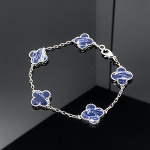 Luxury Inspired Jewelry Vintage Alhambra 5 Motifs Sodalite Bracelet (Silver Tone)