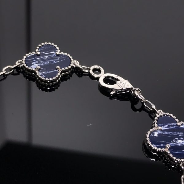 Luxury Inspired Jewelry Vintage Alhambra 5 Motifs Sodalite Bracelet (Silver Tone) - Image 3