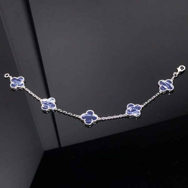 Luxury Inspired Jewelry Vintage Alhambra 5 Motifs Sodalite Bracelet (Silver Tone) - Image 4