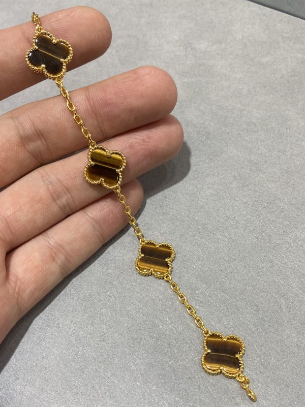 Luxury Inspired Jewelry Vintage Alhambra 5 Motifs Tiger's Eye Bracelet (Gold Tone) - Image 2