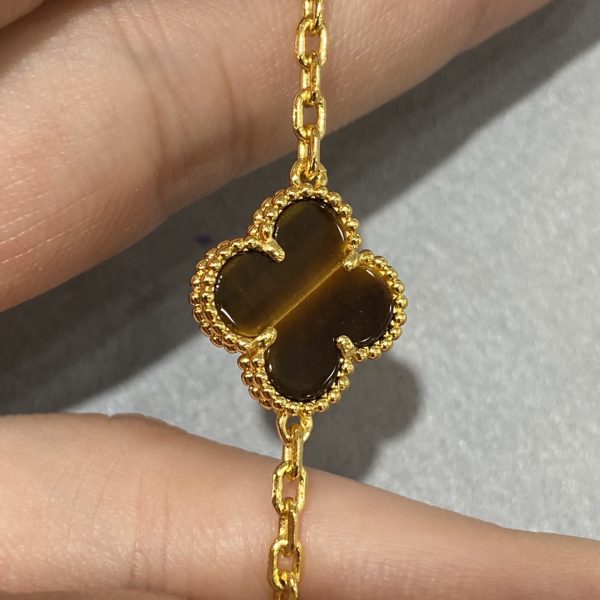 Luxury Inspired Jewelry Vintage Alhambra 5 Motifs Tiger's Eye Bracelet (Gold Tone) - Image 3
