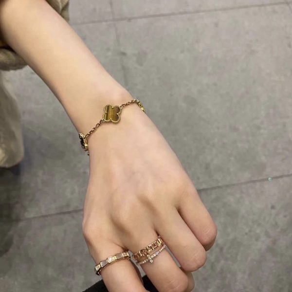 Luxury Inspired Jewelry Vintage Alhambra 5 Motifs Tiger's Eye Bracelet (Gold Tone) - Image 7
