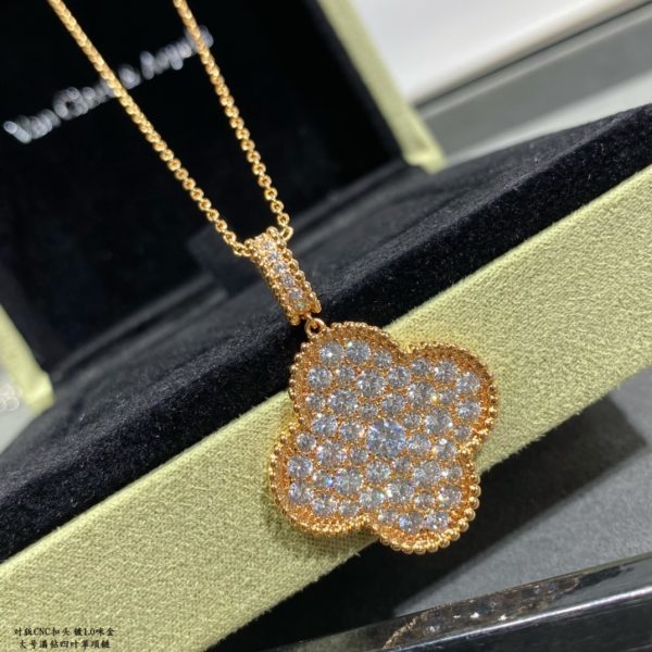 Luxury Inspired Jewelry Vintage Alhambra Large Full Pavé Diamond Clover Necklace - Image 2
