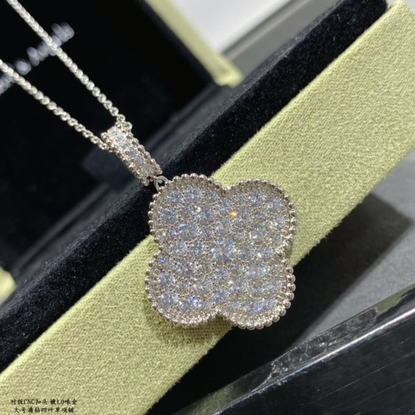Luxury Inspired Jewelry Vintage Alhambra Large Full Pavé Diamond Clover Necklace - Image 3