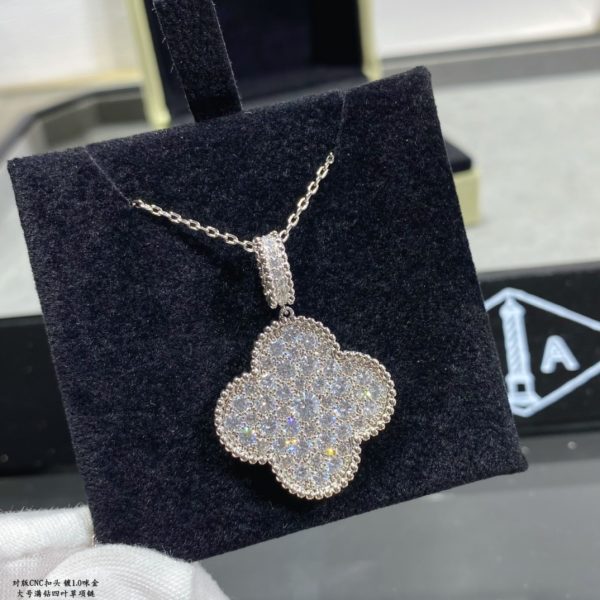 Luxury Inspired Jewelry Vintage Alhambra Large Full Pavé Diamond Clover Necklace - Image 4