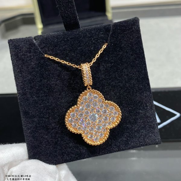 Luxury Inspired Jewelry Vintage Alhambra Large Full Pavé Diamond Clover Necklace - Image 5