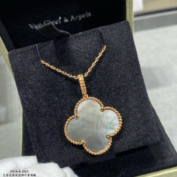 Luxury Inspired Jewelry Vintage Alhambra Large Grey Mother-of-Pearl Clover Necklace - Image 2