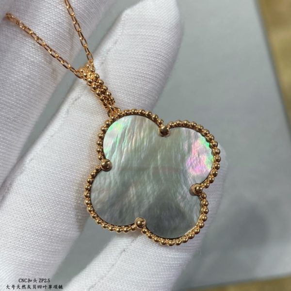 Luxury Inspired Jewelry Vintage Alhambra Large Grey Mother-of-Pearl Clover Necklace - Image 4