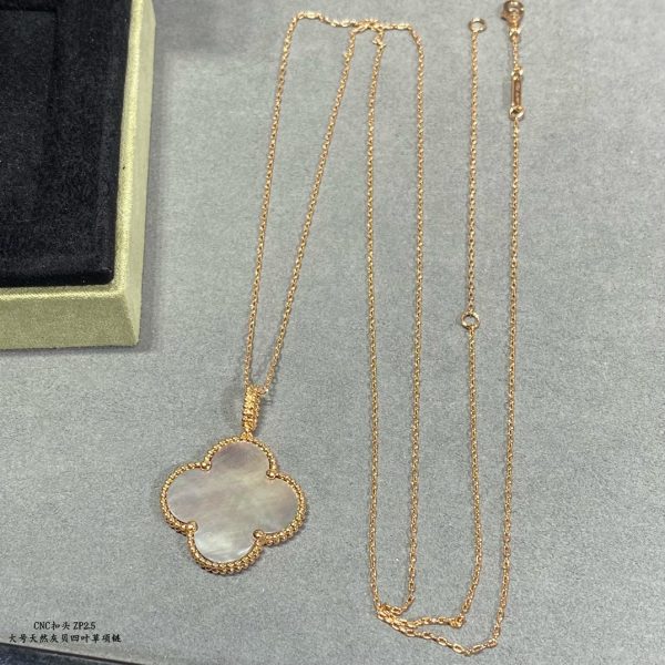 Luxury Inspired Jewelry Vintage Alhambra Large Grey Mother-of-Pearl Clover Necklace - Image 6