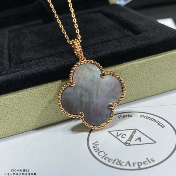 Luxury Inspired Jewelry Vintage Alhambra Large Grey Mother-of-Pearl Clover Necklace - Image 7