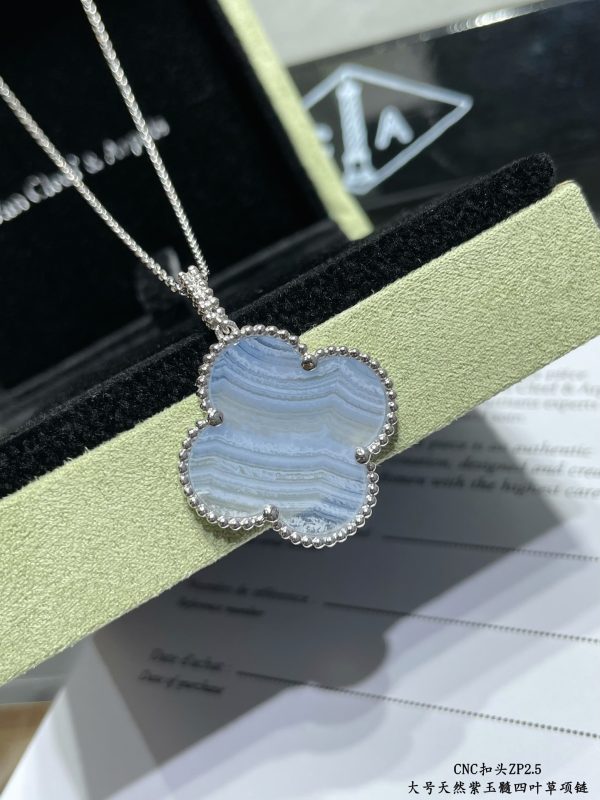 Luxury Inspired Jewelry Vintage Alhambra Large Natural Blue Lace Agate Clover Necklace (Silver Tone) - Image 2