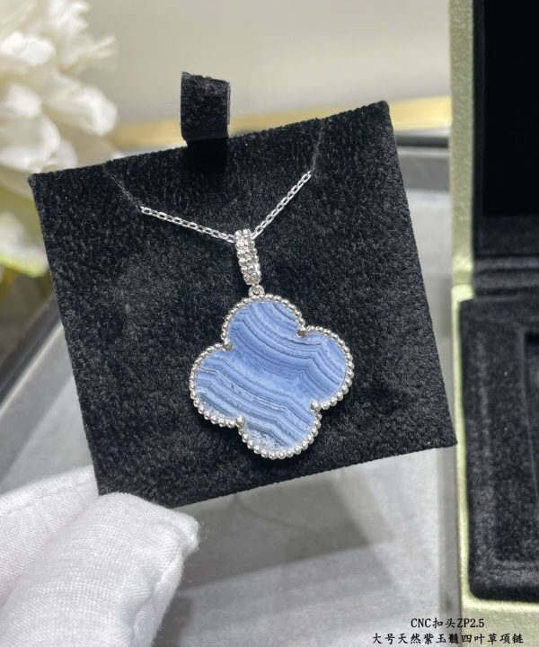 Luxury Inspired Jewelry Vintage Alhambra Large Natural Blue Lace Agate Clover Necklace (Silver Tone) - Image 3