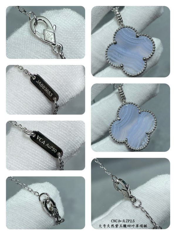Luxury Inspired Jewelry Vintage Alhambra Large Natural Blue Lace Agate Clover Necklace (Silver Tone) - Image 7