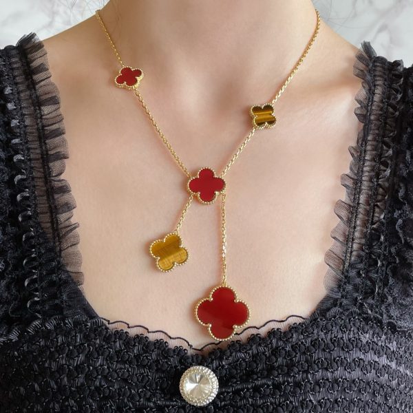 Luxury Inspired Jewelry Vintage Alhambra 6 Motifs Tiger's Eye & Carnelian Necklace (Gold Tone) - Image 5