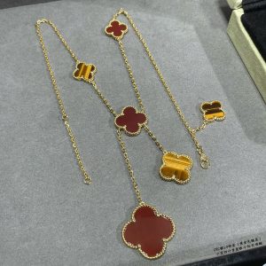 Luxury Inspired Jewelry Vintage Alhambra 6 Motifs Tiger's Eye & Carnelian Necklace (Gold Tone)
