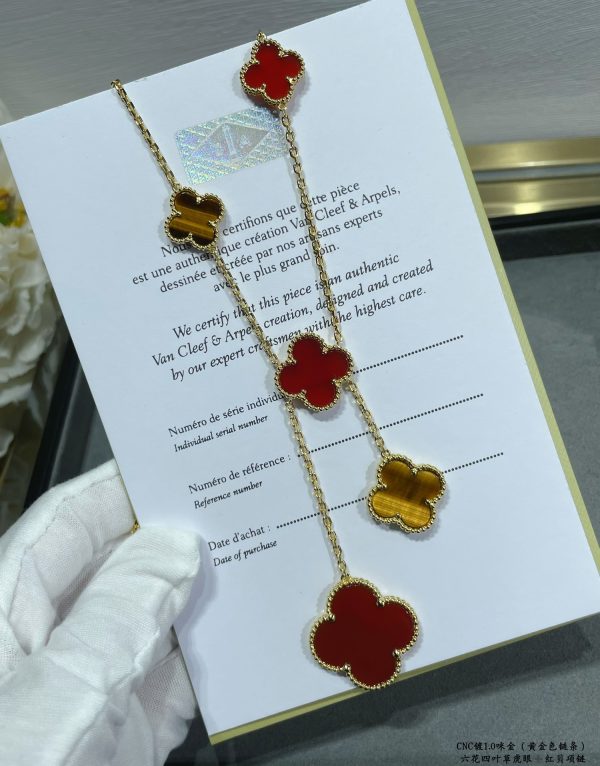 Luxury Inspired Jewelry Vintage Alhambra 6 Motifs Tiger's Eye & Carnelian Necklace (Gold Tone) - Image 2