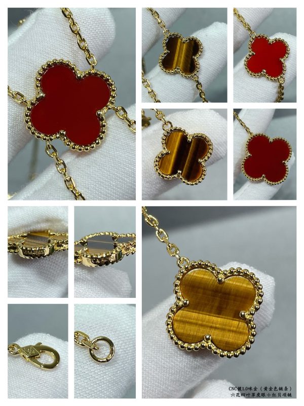 Luxury Inspired Jewelry Vintage Alhambra 6 Motifs Tiger's Eye & Carnelian Necklace (Gold Tone) - Image 4