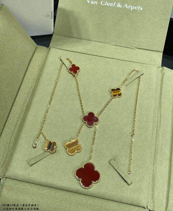 Luxury Inspired Jewelry Vintage Alhambra 6 Motifs Tiger's Eye & Carnelian Necklace (Gold Tone) - Image 3