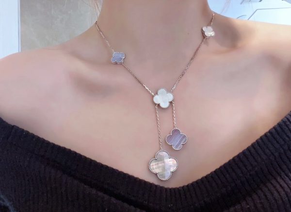 Luxury Inspired Jewelry Vintage Alhambra 6 Motifs Mother-of-Pearl & Grey Agate Necklace (Silver Tone) - Image 6
