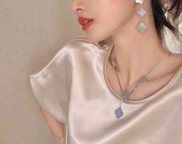 Luxury Inspired Jewelry Vintage Alhambra 6 Motifs Mother-of-Pearl & Grey Agate Necklace (Silver Tone) - Image 5