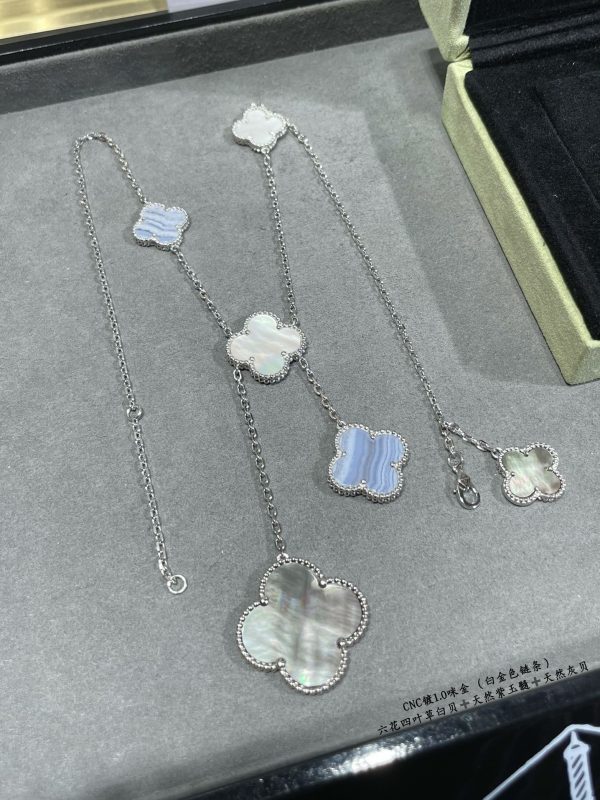 Luxury Inspired Jewelry Vintage Alhambra 6 Motifs Mother-of-Pearl & Grey Agate Necklace (Silver Tone) - Image 3