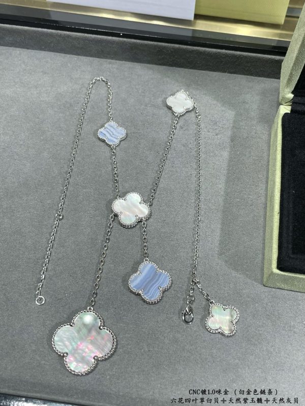 Luxury Inspired Jewelry Vintage Alhambra 6 Motifs Mother-of-Pearl & Grey Agate Necklace (Silver Tone) - Image 2