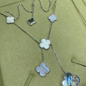 Luxury Inspired Jewelry Vintage Alhambra 6 Motifs Mother-of-Pearl & Grey Agate Necklace (Silver Tone)