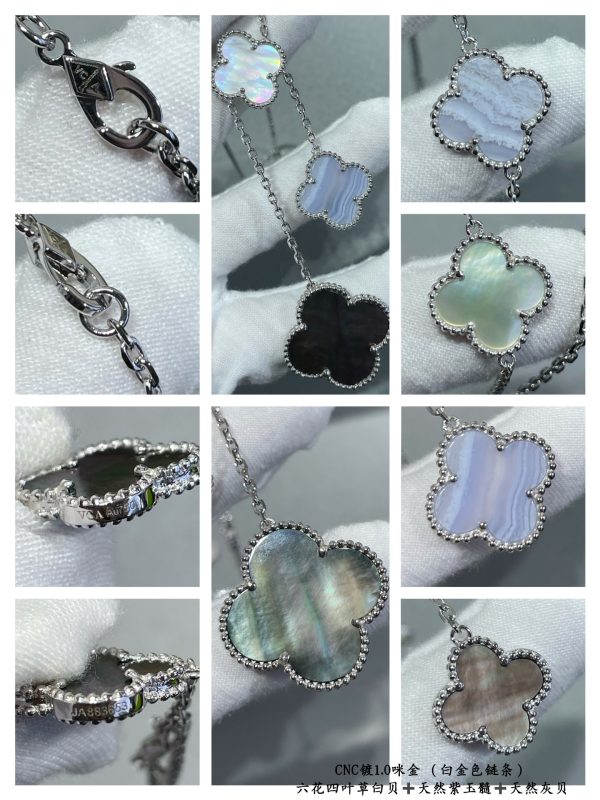 Luxury Inspired Jewelry Vintage Alhambra 6 Motifs Mother-of-Pearl & Grey Agate Necklace (Silver Tone) - Image 4
