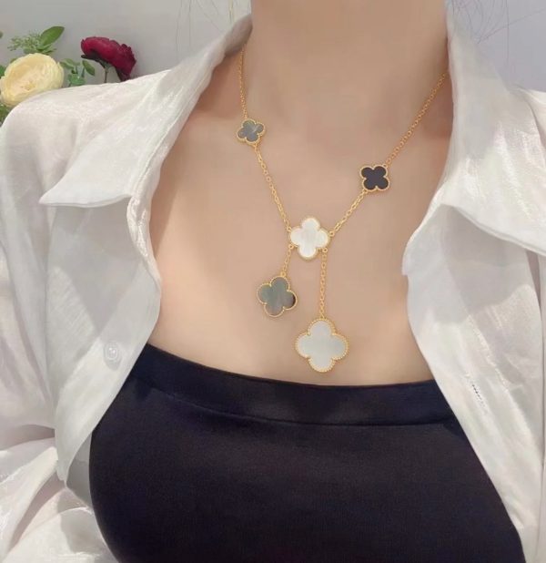 Luxury Inspired Jewelry Vintage Alhambra 6 Motifs Mother-of-Pearl, Onyx & Grey Mother-of-Pearl Necklace (Gold Tone) - Image 5