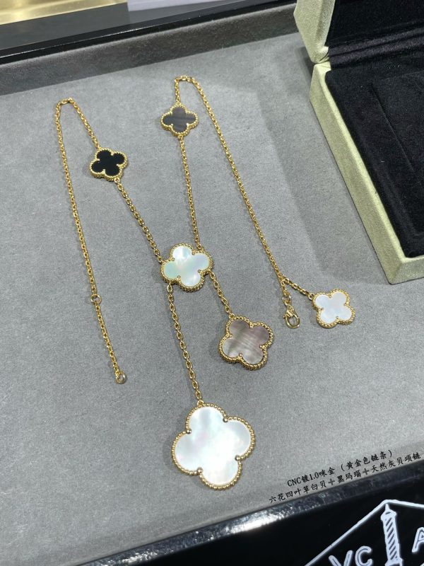 Luxury Inspired Jewelry Vintage Alhambra 6 Motifs Mother-of-Pearl, Onyx & Grey Mother-of-Pearl Necklace (Gold Tone) - Image 3