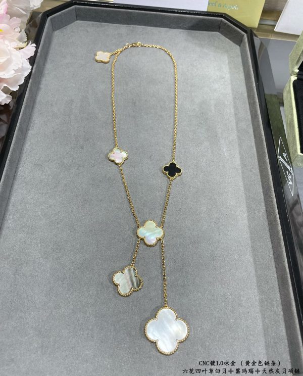 Luxury Inspired Jewelry Vintage Alhambra 6 Motifs Mother-of-Pearl, Onyx & Grey Mother-of-Pearl Necklace (Gold Tone) - Image 2