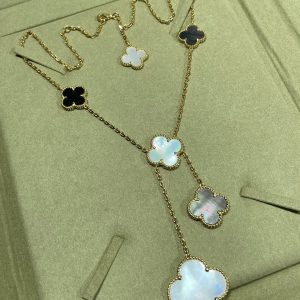 Luxury Inspired Jewelry Vintage Alhambra 6 Motifs Mother-of-Pearl, Onyx & Grey Mother-of-Pearl Necklace (Gold Tone)