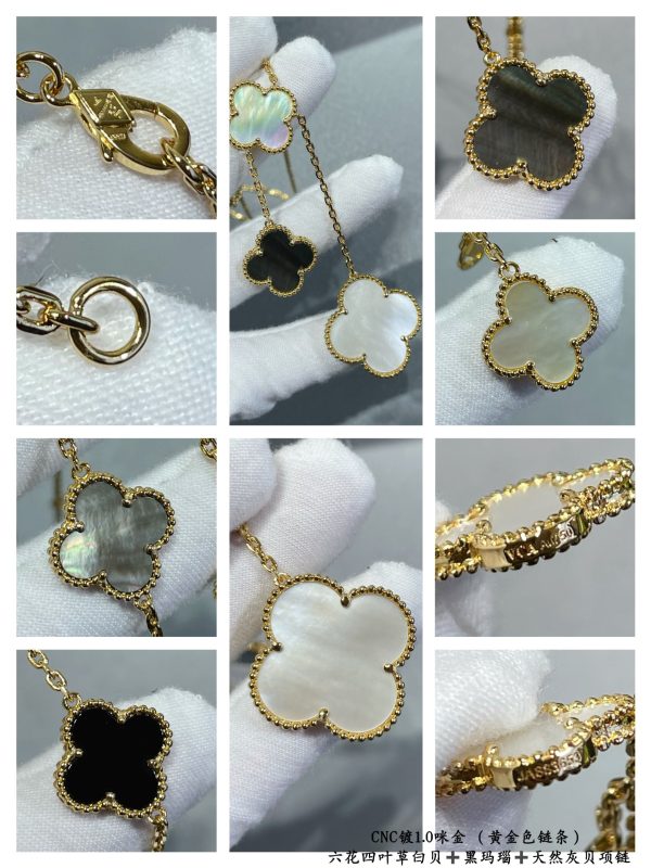 Luxury Inspired Jewelry Vintage Alhambra 6 Motifs Mother-of-Pearl, Onyx & Grey Mother-of-Pearl Necklace (Gold Tone) - Image 4